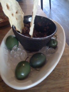 Green olives, tapenade and music bread Green olives, tapenade and music bread