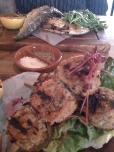 Pork skewers and sardines Pork skewers and sardines